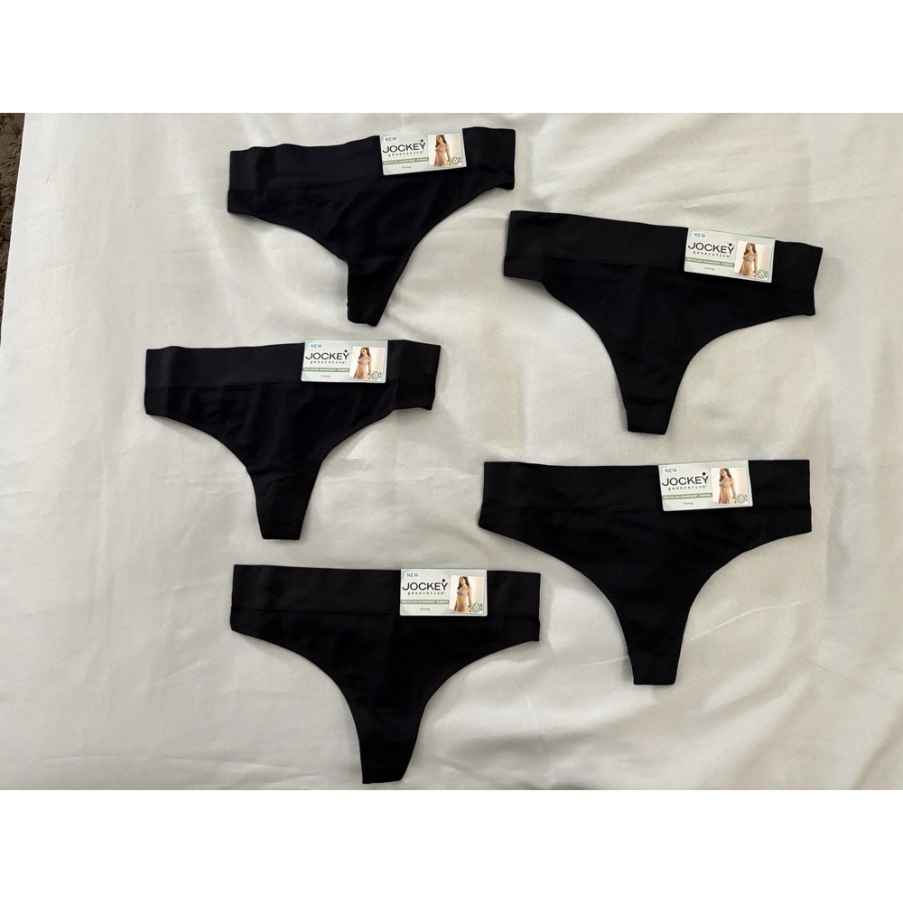NEW JOCKEY Generation Black Seamfree Ribbed Thong Panty Women's Large 5 Pair
